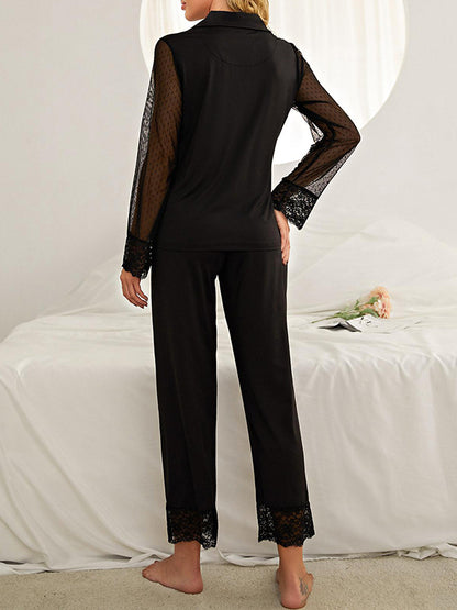 Long Sleeves Loose Gauze See-Through Solid Color Split-Joint Lapel Pajamas Two Pieces Set