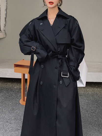Long Sleeves Loose Buckle Buttoned Solid Color Split-Back Lapel Trench Coats