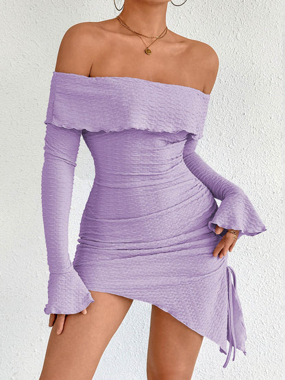 Bodycon High Waisted Asymmetric Drawstring Pleated Solid Color Split-Joint Off-The-Shoulder Mini Dresses