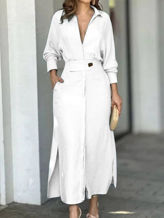 Long Sleeves Solid Color Lapel Collar Maxi Dresses