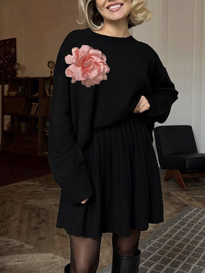 Long Sleeves Loose Flower Shape Split-Joint Round-Neck Sweater Tops