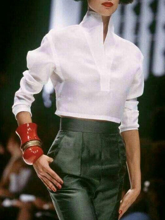 Long Sleeves Loose Solid Color High Neck Blouses&Shirts Tops