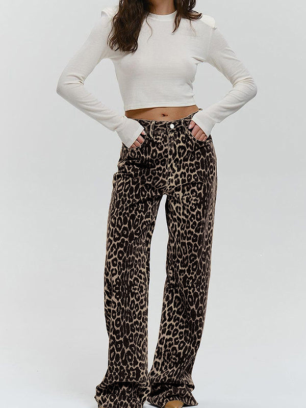 Loose Buttoned Leopard Pockets Split-Joint Pants Trousers