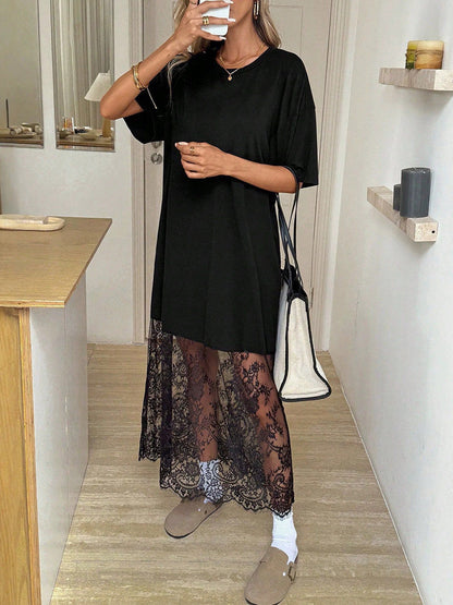 Loose Short Sleeves See-Through Solid Color Split-Joint Round-Neck Maxi Dresses