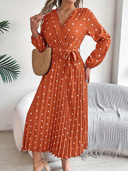 High Waisted Long Sleeves Pleated Polka Dot Tied Waist V-Neck Maxi Dresses Shirt Dress