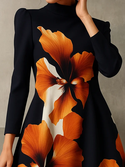 A-Line Long Sleeves Contrast Color Flower Print Mock Neck Midi Dresses