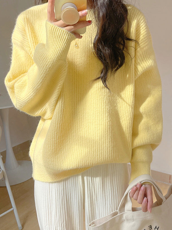Long Sleeves Loose Solid Color Round-Neck Pullovers Sweater Tops