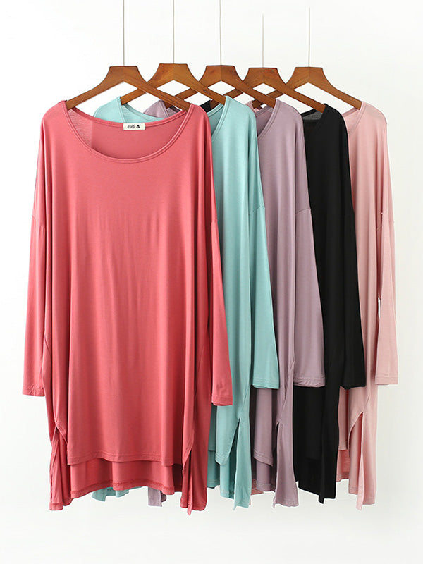 Solid Color Modal Plus Size High-Low Long Sleeve Pajamas Dress