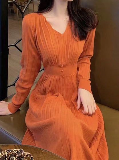 A-Line High Waisted Pleated Solid Color V-Neck Midi Dresses Sweater Dresses