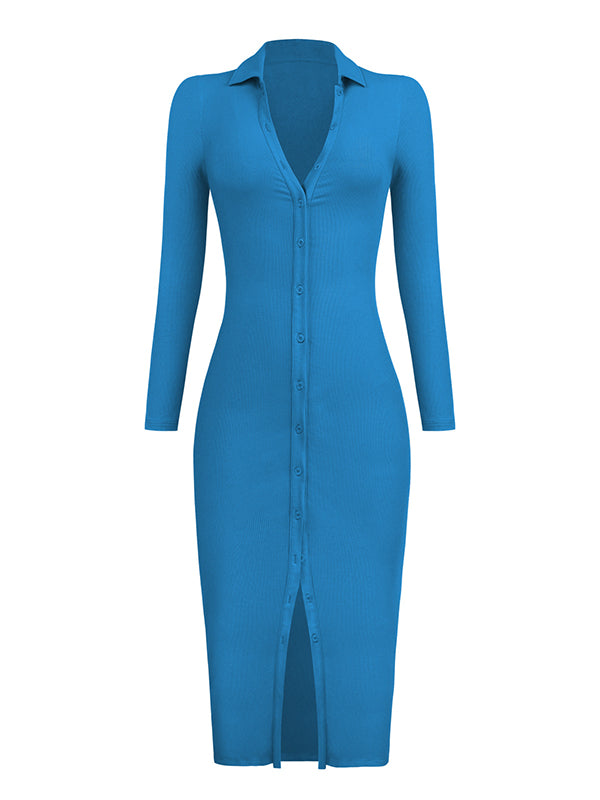 High Waisted Long Sleeves Buttoned Solid Color Lapel Midi Dresses
