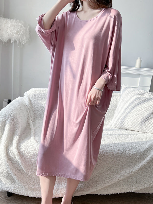 High Waisted Loose Solid Color Split-Joint Round-Neck Pajama Dress