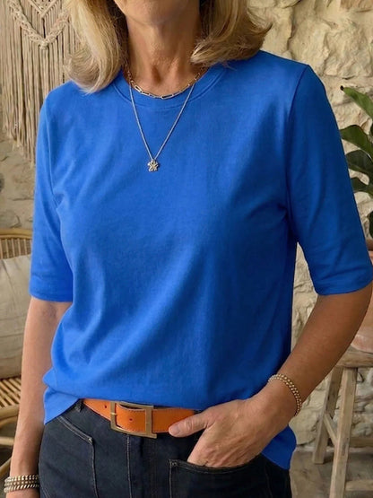 Half Sleeves Loose Solid Color Round-Neck T-Shirts Tops