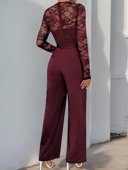 Column High Waisted See-Through Solid Color Split-Joint Tied Waist Round-Neck Jumpsuits