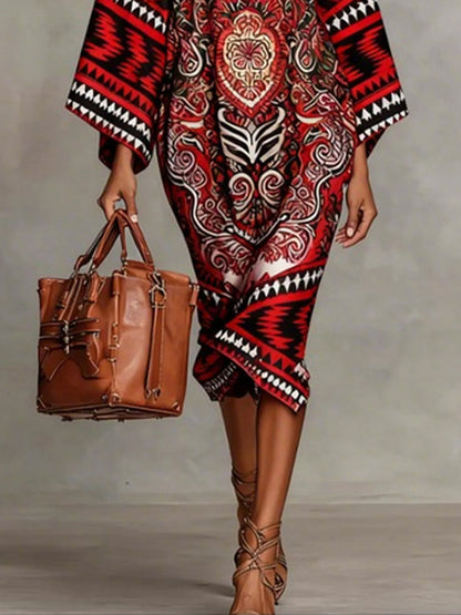Flared Sleeves Long Sleeves Contrast Color Flower Print Geometric Split-Joint Round-Neck Midi Dresses