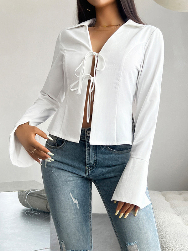 Flared Sleeves Long Sleeves Solid Color Split-Side Tied V-Neck Blouses&Shirts Tops