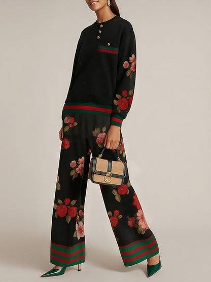 High Waisted Wide Leg Contrast Color Flower Print Pockets Split-Joint Pants Trousers
