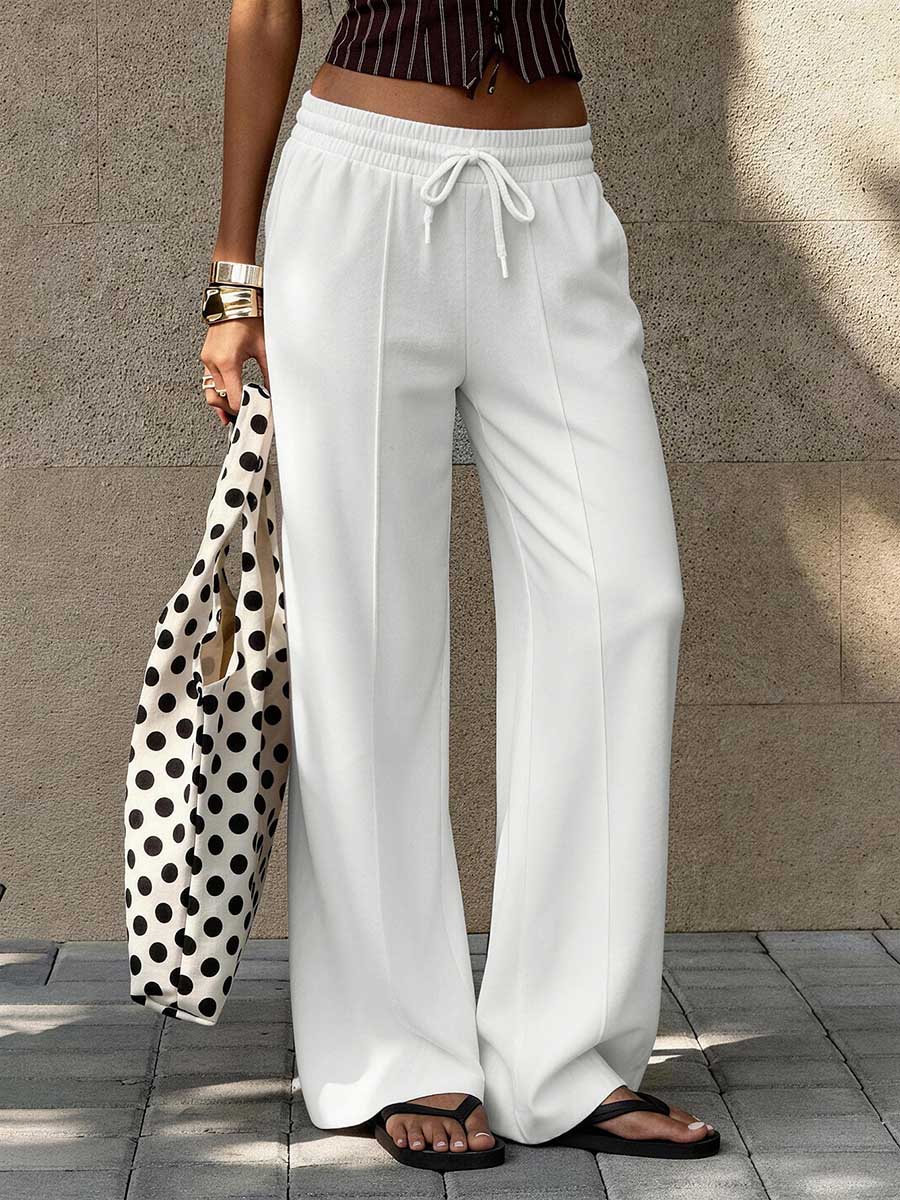 Solid Color Pockets Elasticity Drawstring Wide Leg Loose Trousers Pants