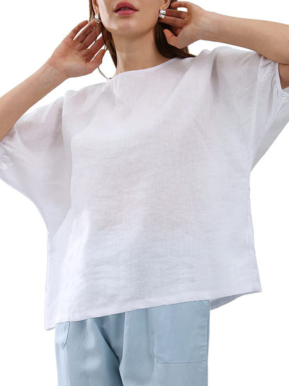 Loose Puff Sleeves Hollow Solid Color Split-Joint Round-Neck T-Shirts