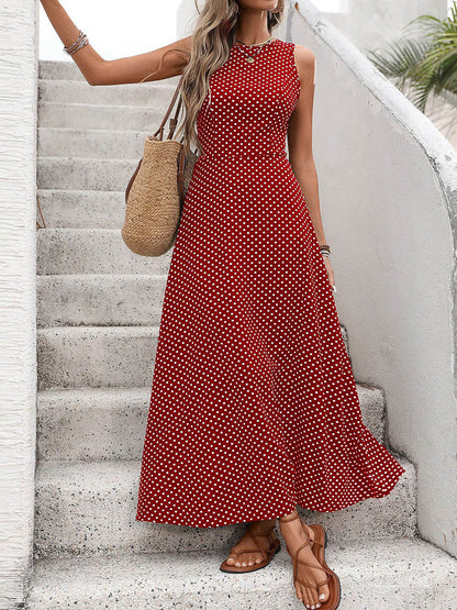 A-Line High Waisted Contrast Color Polka-Dot Round-Neck Maxi Dresses