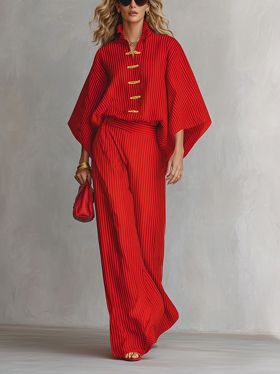 Striped Pockets Elasticity Contrast Color Wide Leg Loose Trousers Pants