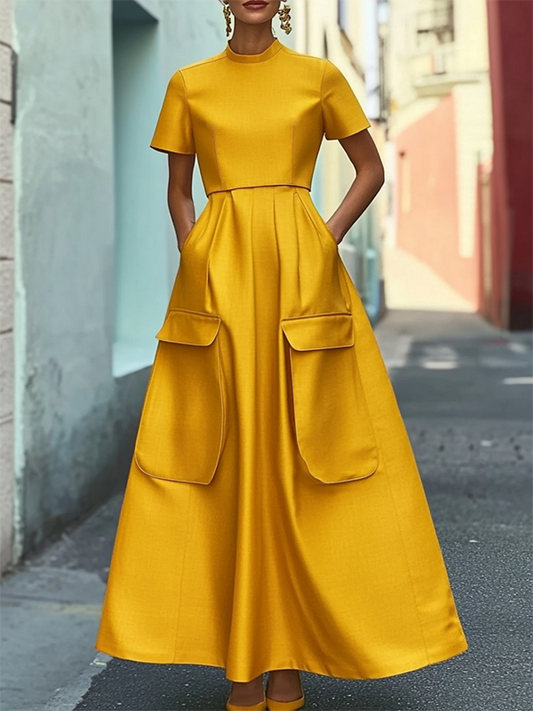 Short Sleeves Pockets Solid Color Stand Collar Maxi Dresses