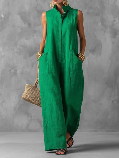 Loose Sleeveless Buttoned Pockets Solid Color Stand Collar Jumpsuits