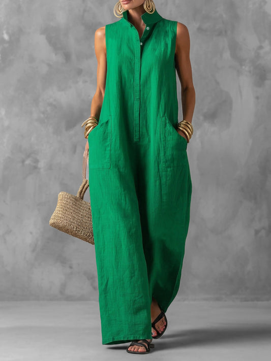 Loose Sleeveless Buttoned Pockets Solid Color Stand Collar Jumpsuits