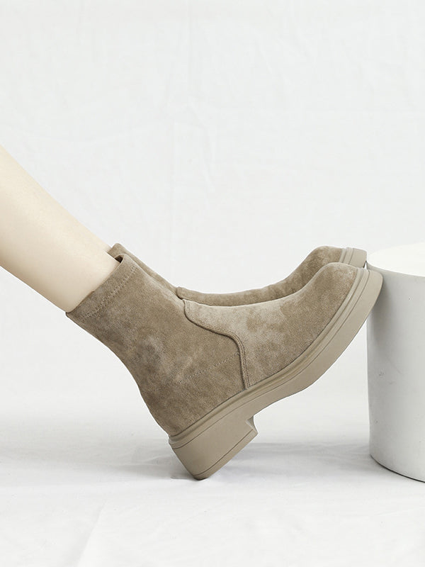 Chunky Shoes Round-Toe Split-Joint Velvet Boots
