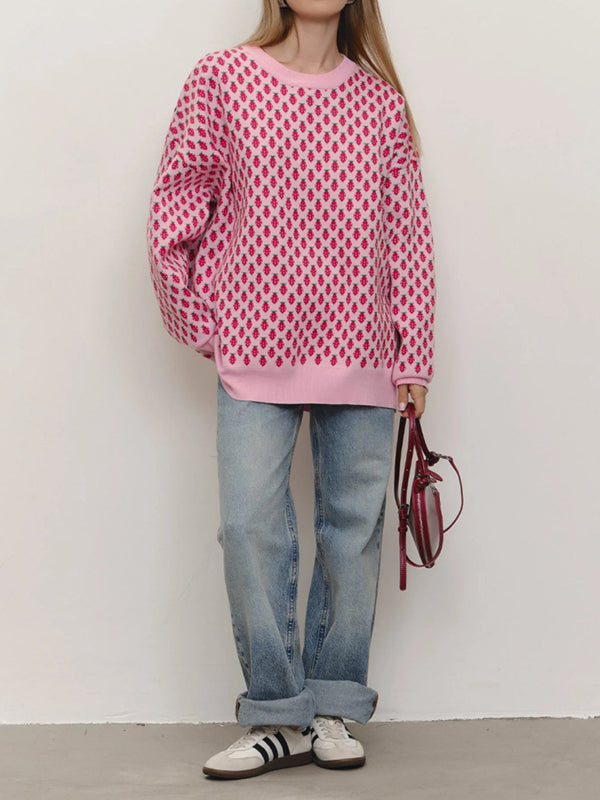 Long Sleeves Loose Pleated Split-Joint Round-Neck Sweater Tops