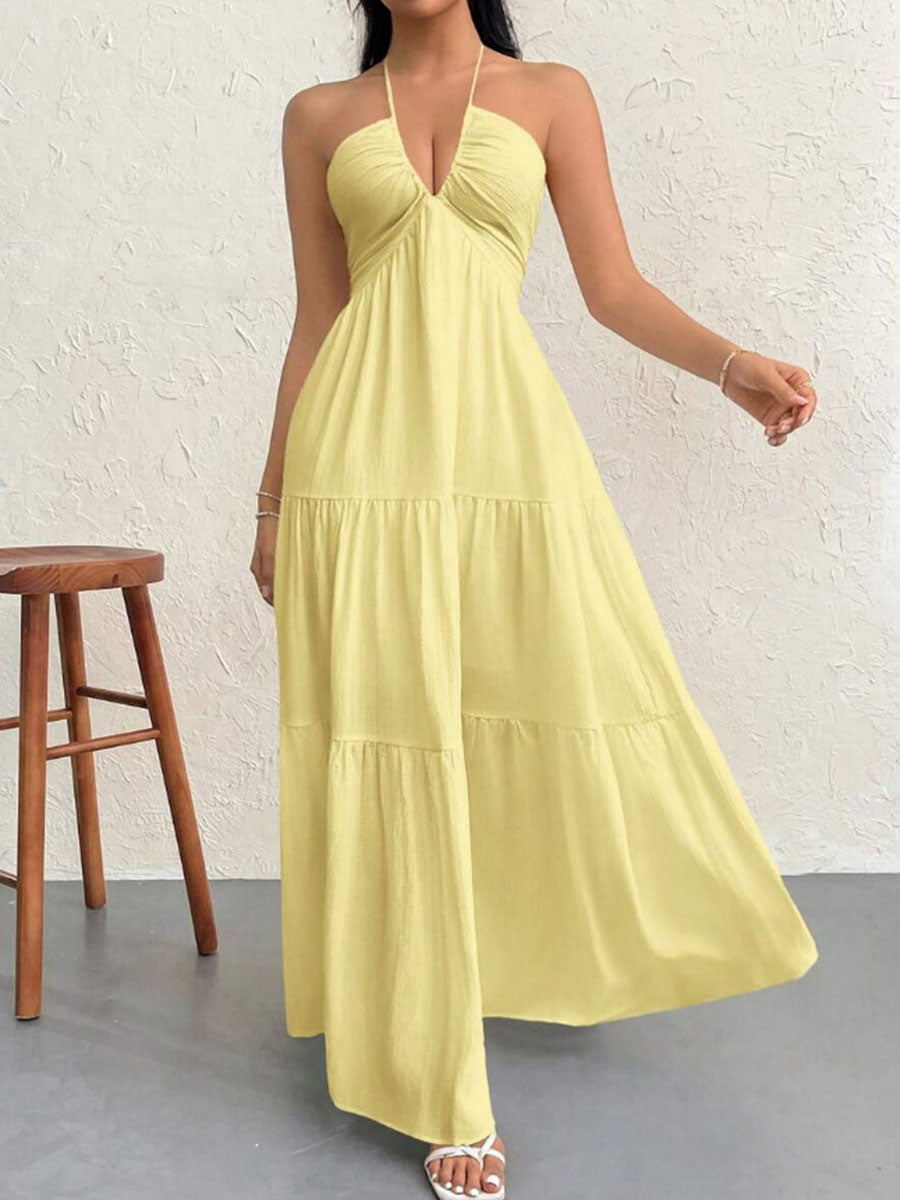 A-Line Loose Backless Pleated Solid Color Split-Joint Halter-Neck Midi Dresses