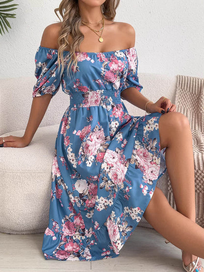 A-Line High Waisted Elasticity Floral Printed Pleated Ruffled Off-The-Shoulder Midi Dresses