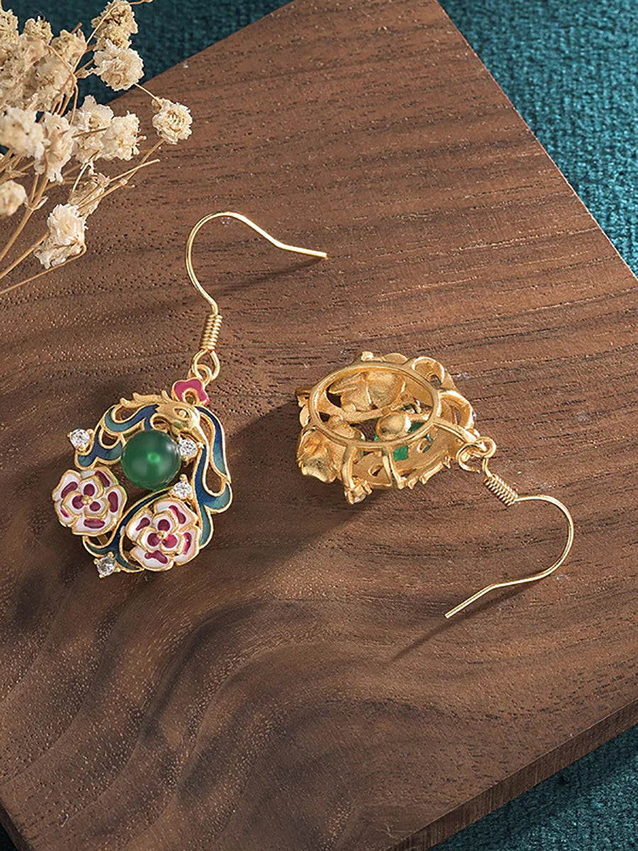 Women Chinese Style Enamel Flower Jade Silver Earrings