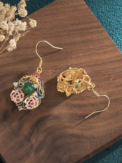 Women Chinese Style Enamel Flower Jade Silver Earrings