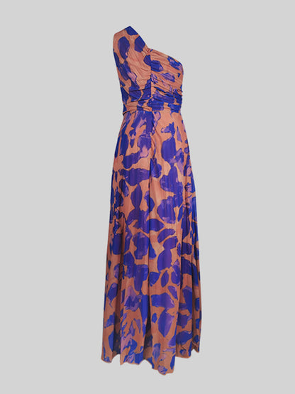 Sleeveless Leopard Pleated Split-Side One-Shoulder Evening Maxi Dresses