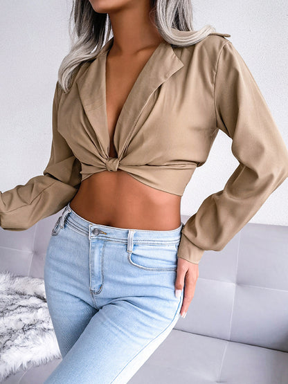 Long Sleeves Knot Solid Color Split-Joint Deep V-Neck Blouses&shirts Tops