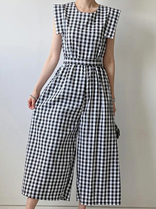 High Waisted Loose Plaid Pockets Tied Waist Round-neck Jumpsuits