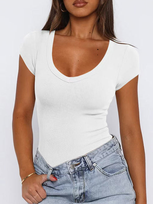 Short Sleeves Skinny Solid Color V-Neck T-Shirts Tops
