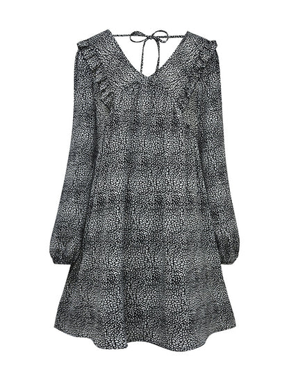 A-Line Bishop Sleeve Leopard Ruffled Tied V-Neck Mini Dresses