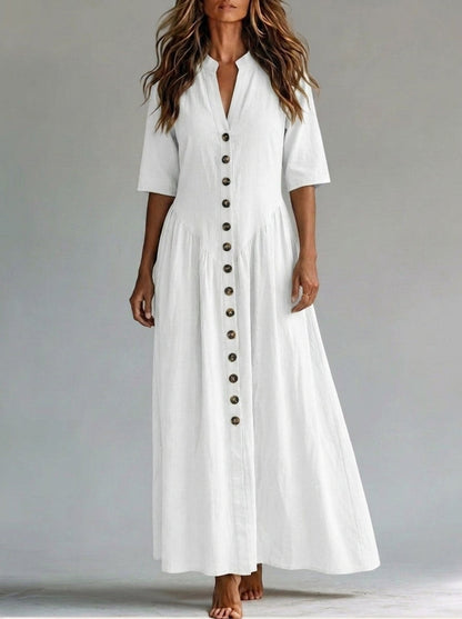 Half Sleeves Puff Sleeves Buttoned Pleated Solid Color Split-Joint Deep V-Neck Maxi Dresses