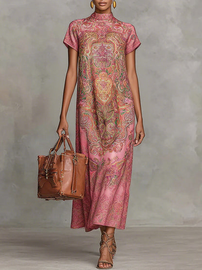 Loose Short Sleeves Contrast Color Flower Print Mock Neck Maxi Dresses