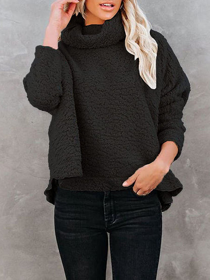 Long Sleeves Loose Solid Color Split-Joint High Neck Sweatshirt Tops