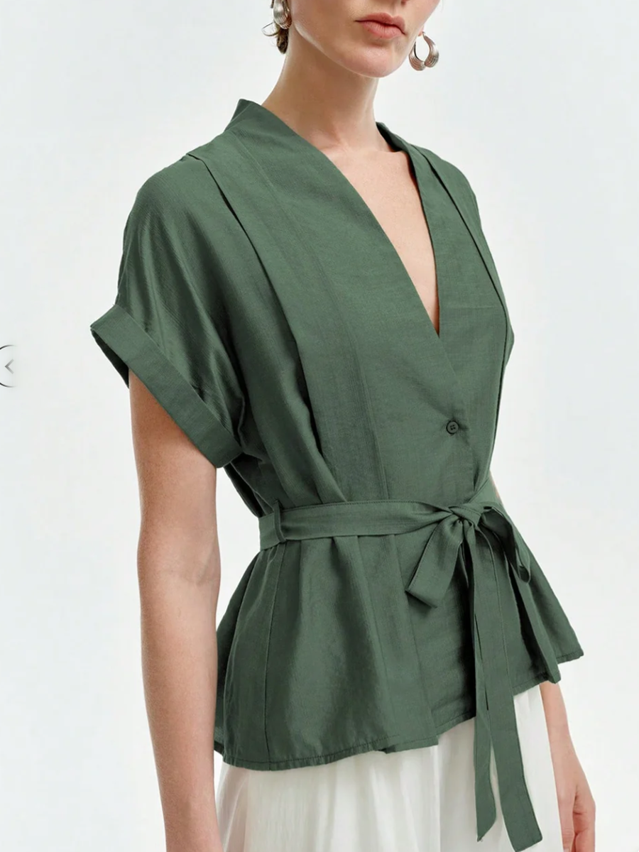 Loose Short Sleeves Buttoned Solid Color Tied Waist V-Neck Blouses&Shirts Tops