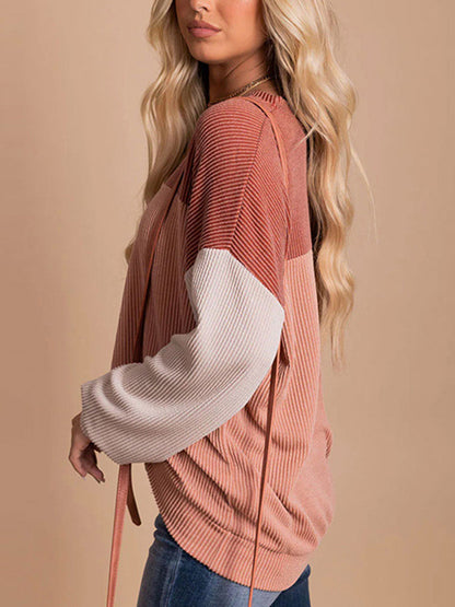 Long Sleeves Loose Contrast Color Round-Neck Sweatshirt Tops