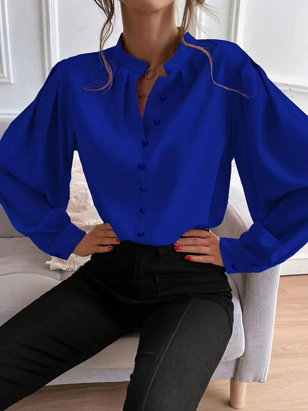 Loose Puff Sleeves Pleated Solid Color Split-Joint Stand Collar Blouses