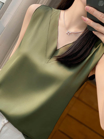 Loose Sleeveless Solid Color V-Neck Vest Top
