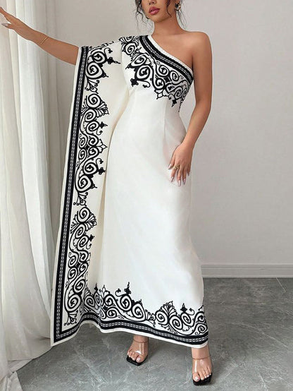 Batwing Sleeves Loose Asymmetric Elasticity Flower Print Pleated One-Shoulder Maxi Dresses