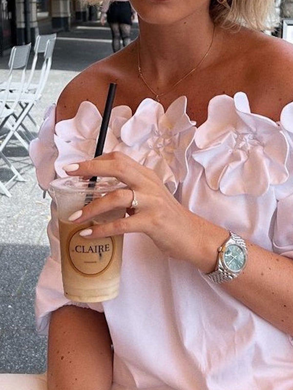 Loose Applique Solid Color Three-Dimensional Flower Off-The-Shoulder Blouses&Shirts Tops