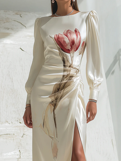 Long Sleeves Flower Print Pleated Split-Side Round-Neck Maxi Dresses