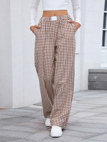 Elasticated Waist High Waisted Contrast Color Plaid Pockets Split-Joint Pants Trousers