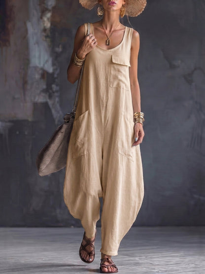 Loose Sleeveless Pockets Solid Color Square-Neck Jumpsuits
